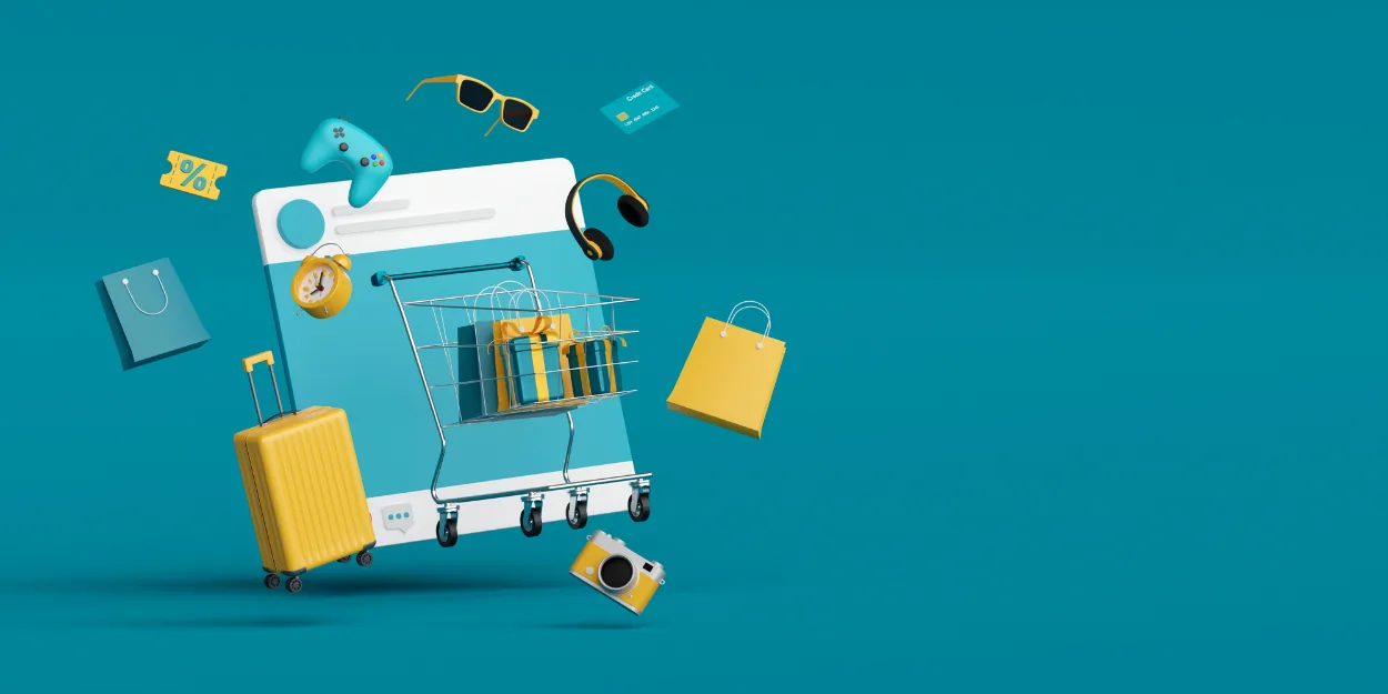 Vitrine de e-commerce com carrinho de compras, presentes e itens de consumo